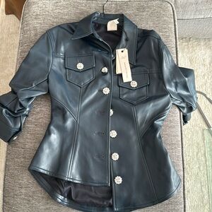 Cinq à Sept Navy Leather Jacket with Silver Buttons